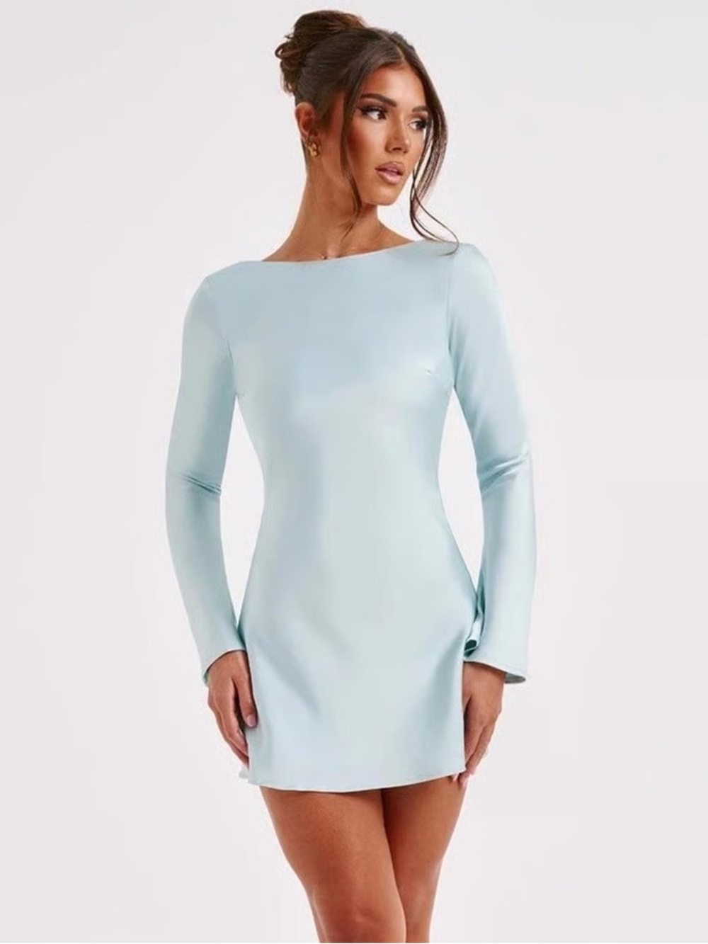 Boatneck Long-Sleeve Mini Dress in Pale Blue